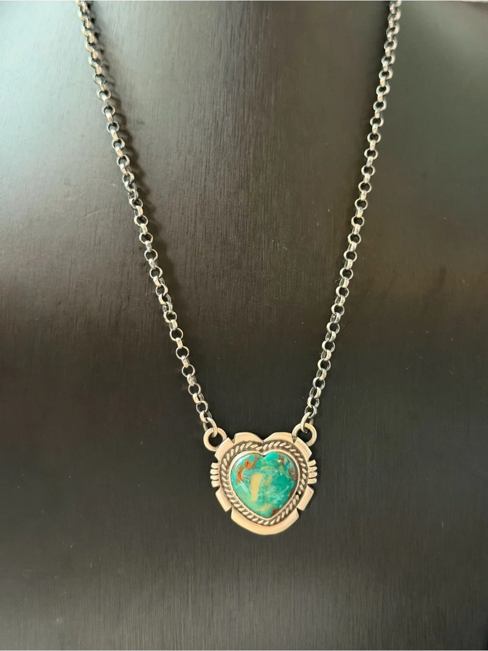 Jon McCray Navajo Handmade Sterling Silver Heart Turquoise Pendant Necklace -m